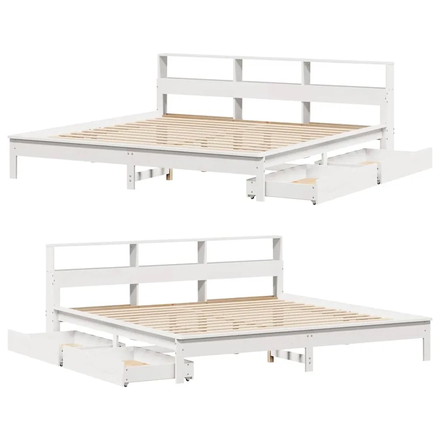 Lit bibliothèque sans matelas blanc 200x200 cm bois pin massif - 9