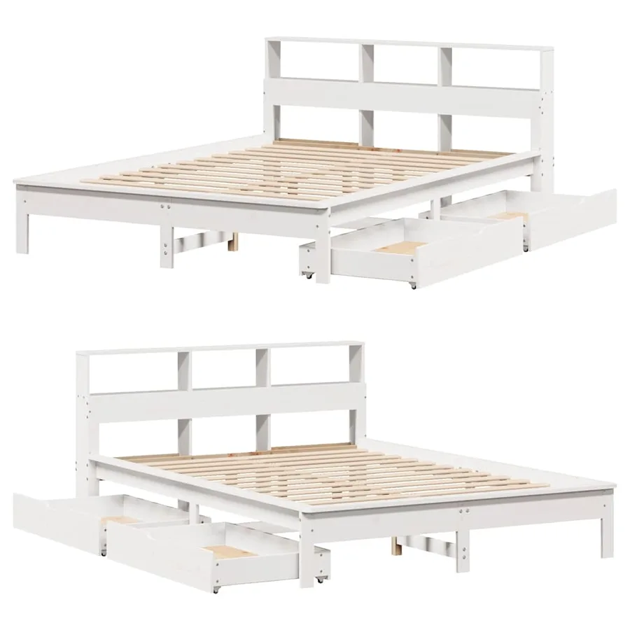 Lit bibliothèque sans matelas blanc 140x190 cm bois pin massif - 9