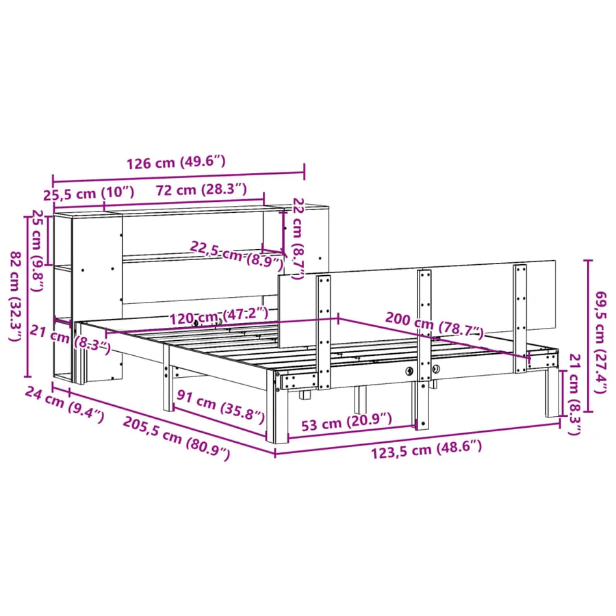Lit bibliothèque sans matelas blanc 120x200 cm bois pin massif - 11