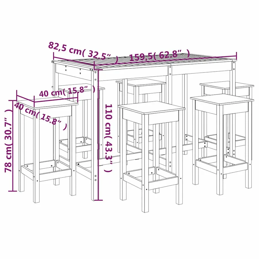 Ensemble de bar de jardin 7 pcs Bois de pin massif - 10