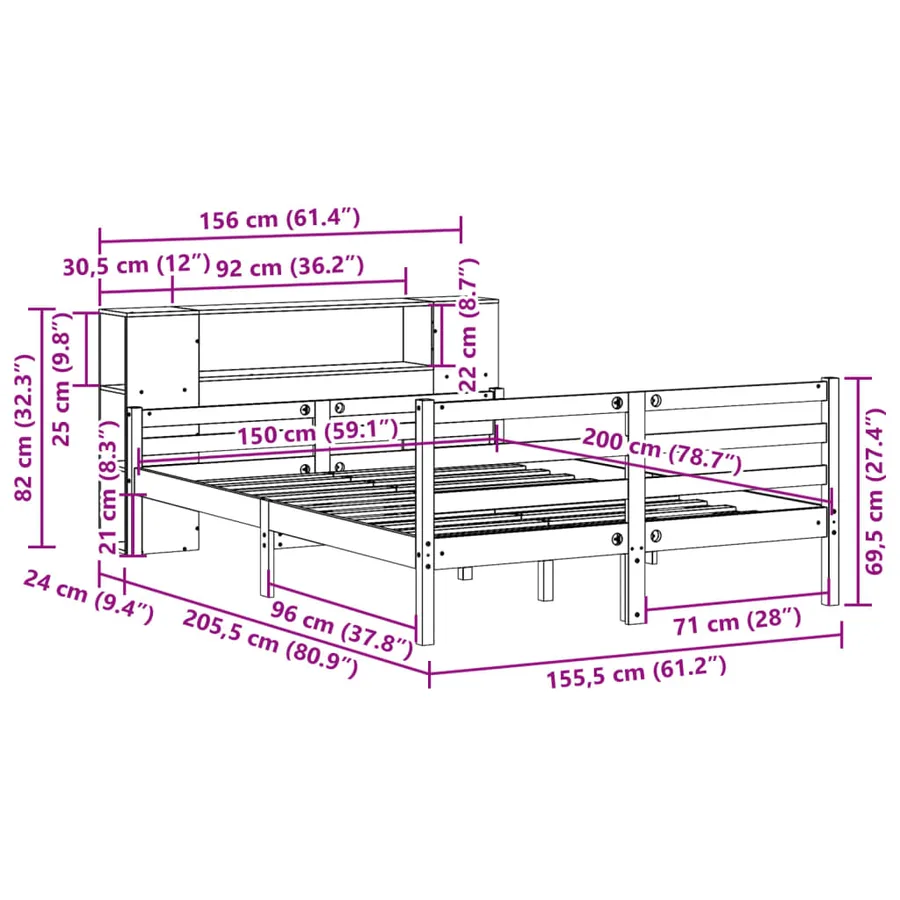 Lit bibliothèque sans matelas blanc 150x200 cm bois pin massif - 11