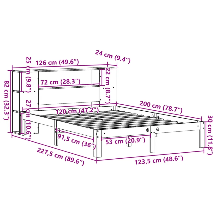 Lit bibliothèque sans matelas blanc 120x200 cm bois pin massif - 11
