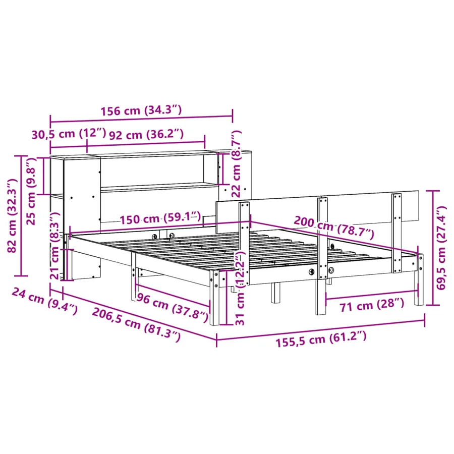 Lit bibliothèque sans matelas blanc 150x200 cm bois pin massif - 11