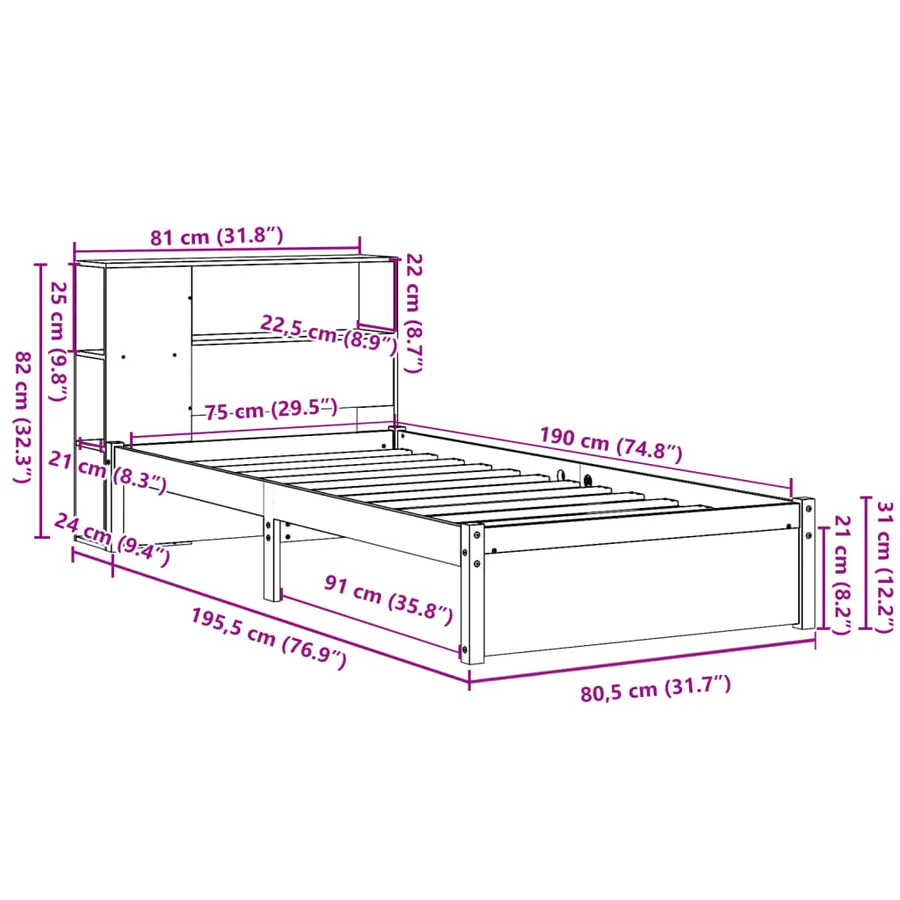Lit bibliothèque sans matelas 75x190 cm bois de pin massif - 11