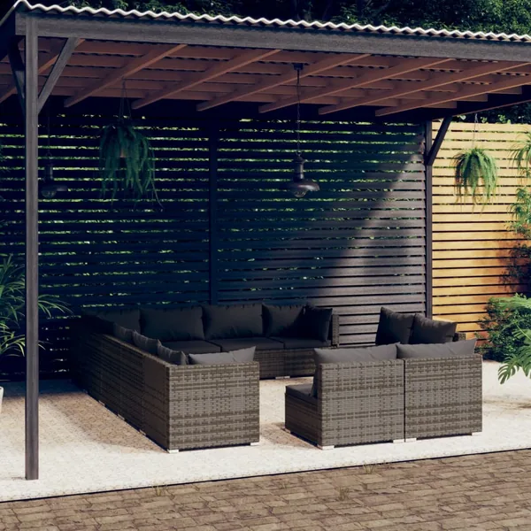 Salon de jardin 12 pcs avec coussins Gris Résine tressée