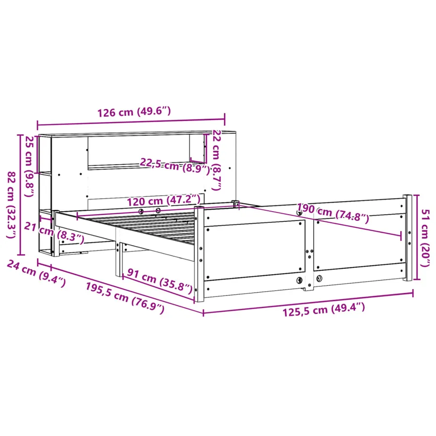 Lit bibliothèque sans matelas blanc 120x190 cm bois pin massif - 11