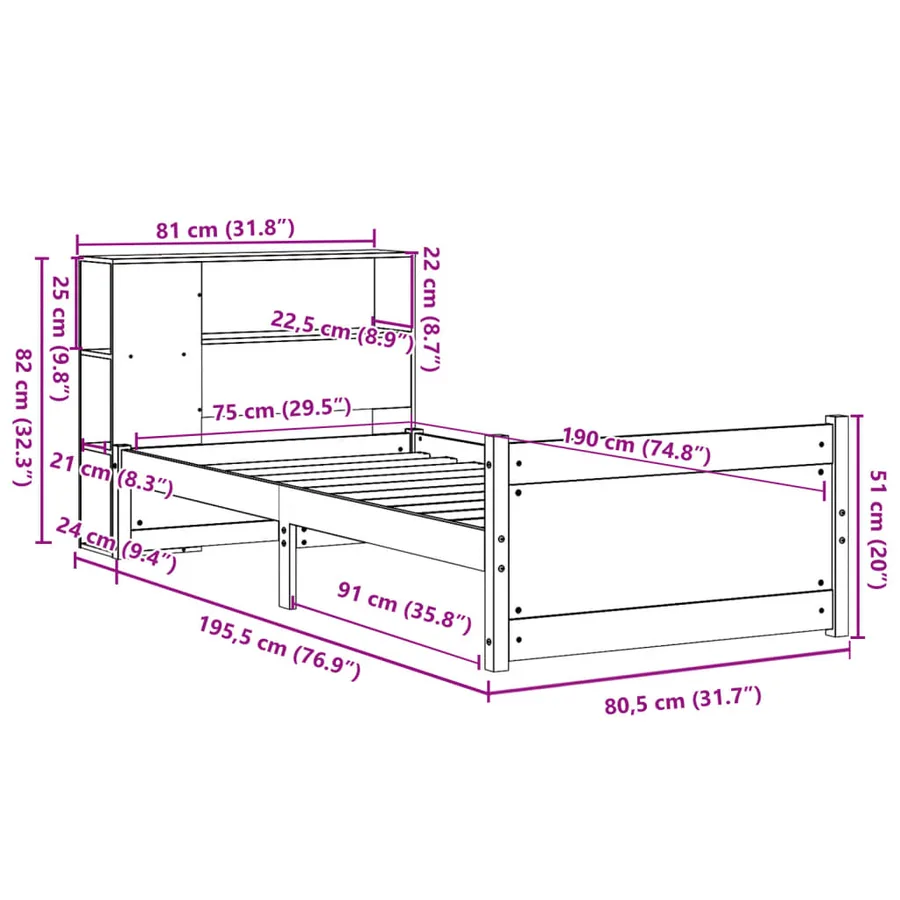 Lit bibliothèque sans matelas 75x190 cm bois de pin massif - 11