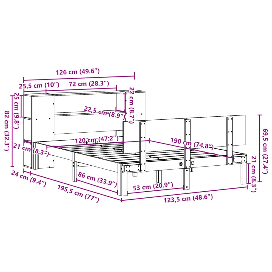 Lit bibliothèque sans matelas blanc 120x190 cm bois pin massif - 11
