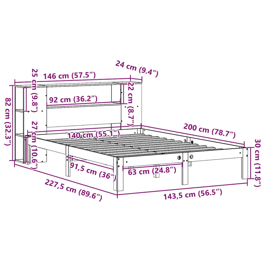 Lit bibliothèque sans matelas blanc 140x200 cm bois pin massif - 11