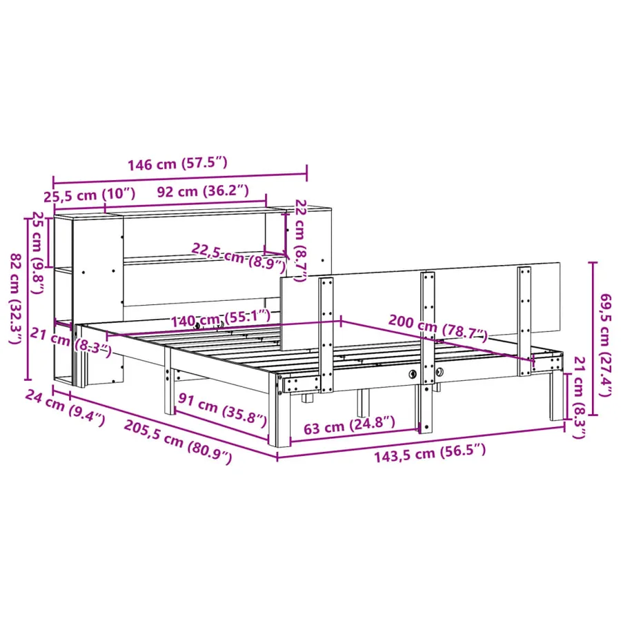 Lit bibliothèque sans matelas blanc 140x200 cm bois pin massif - 11
