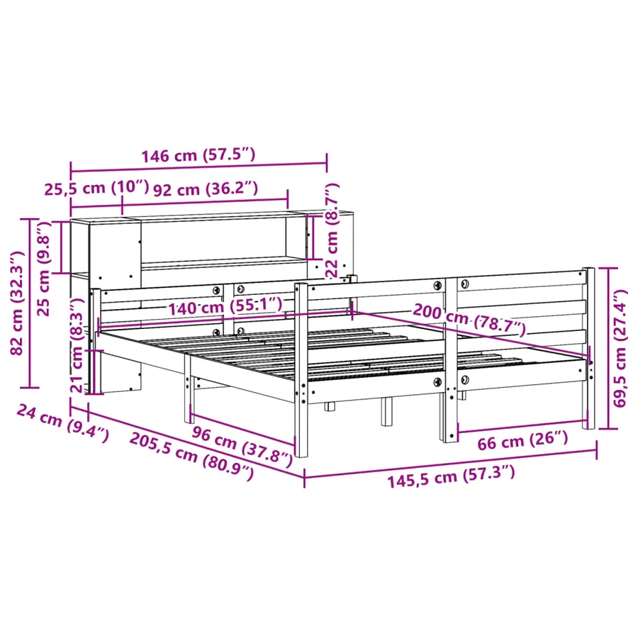 Lit bibliothèque sans matelas blanc 140x200 cm bois pin massif - 11