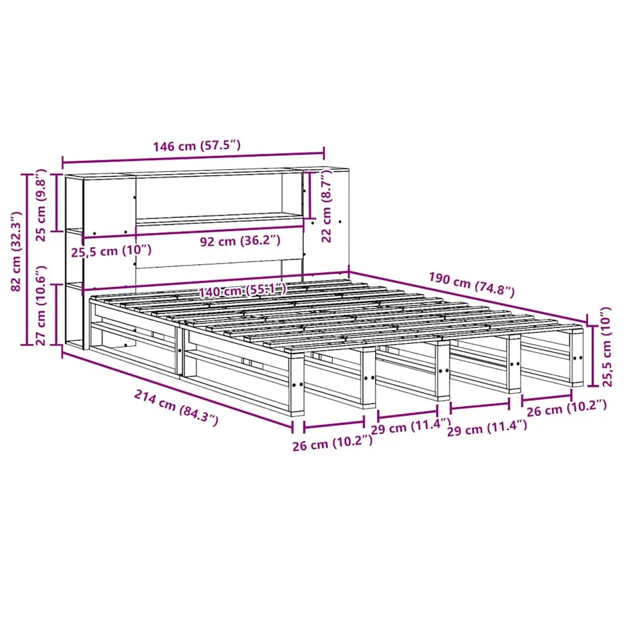 Lit bibliothèque sans matelas blanc 140x190 cm bois massif - 12