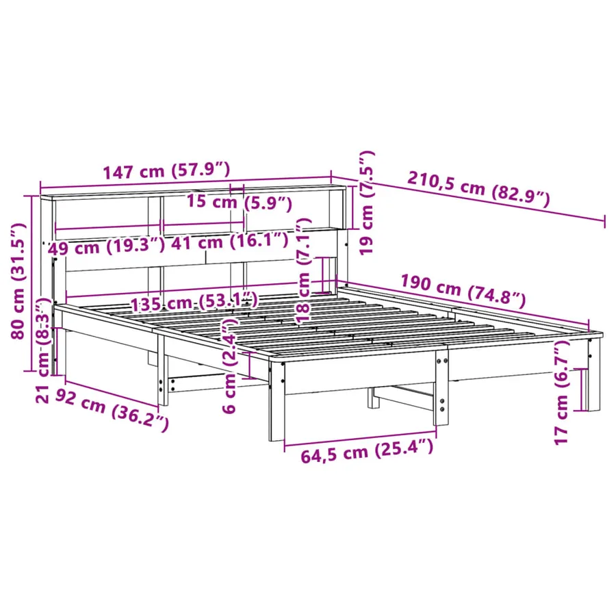 Cadre de lit sans matelas cire marron 135x190cm bois pin massif - 9