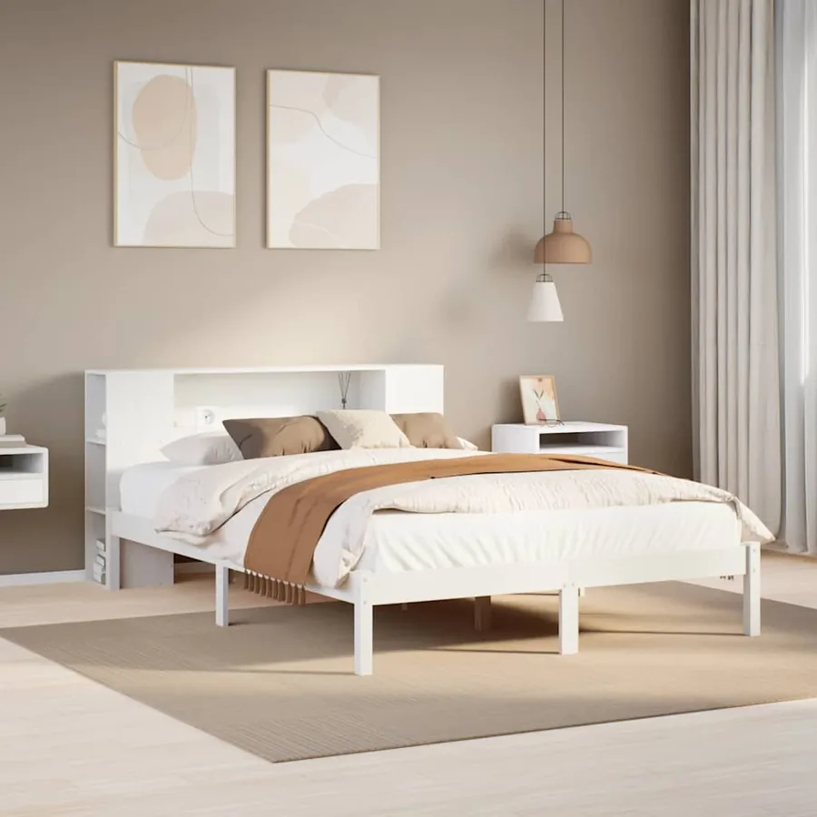 Lit bibliothèque sans matelas blanc 140x200 cm bois pin massif