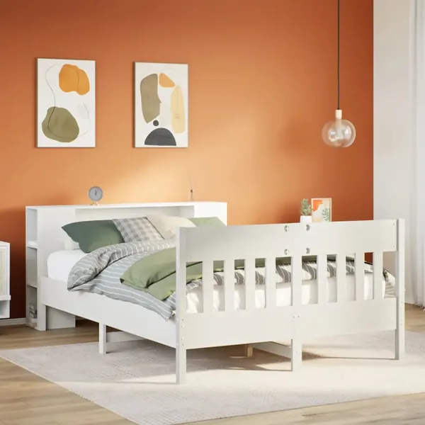 Lit bibliothèque sans matelas blanc 135x190 cm bois pin massif