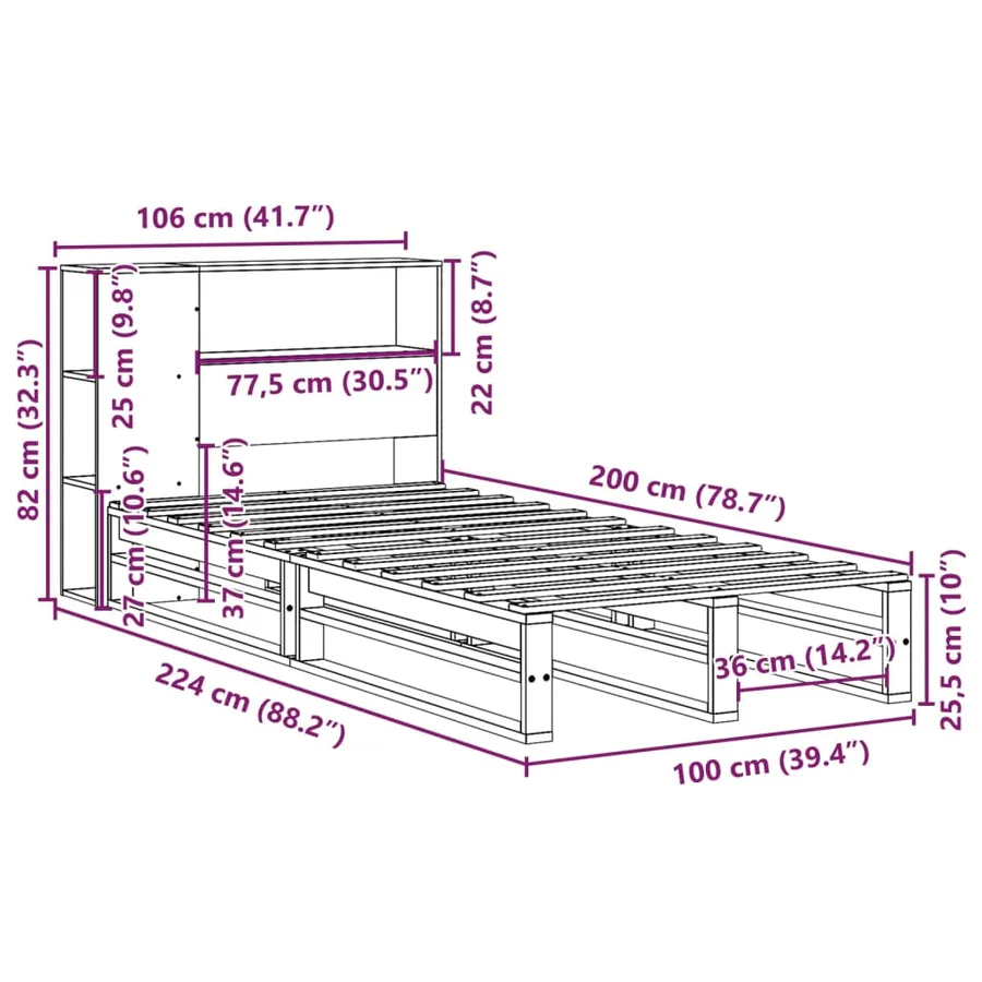 Lit bibliothèque sans matelas cire marron 100x200cm bois massif - 12