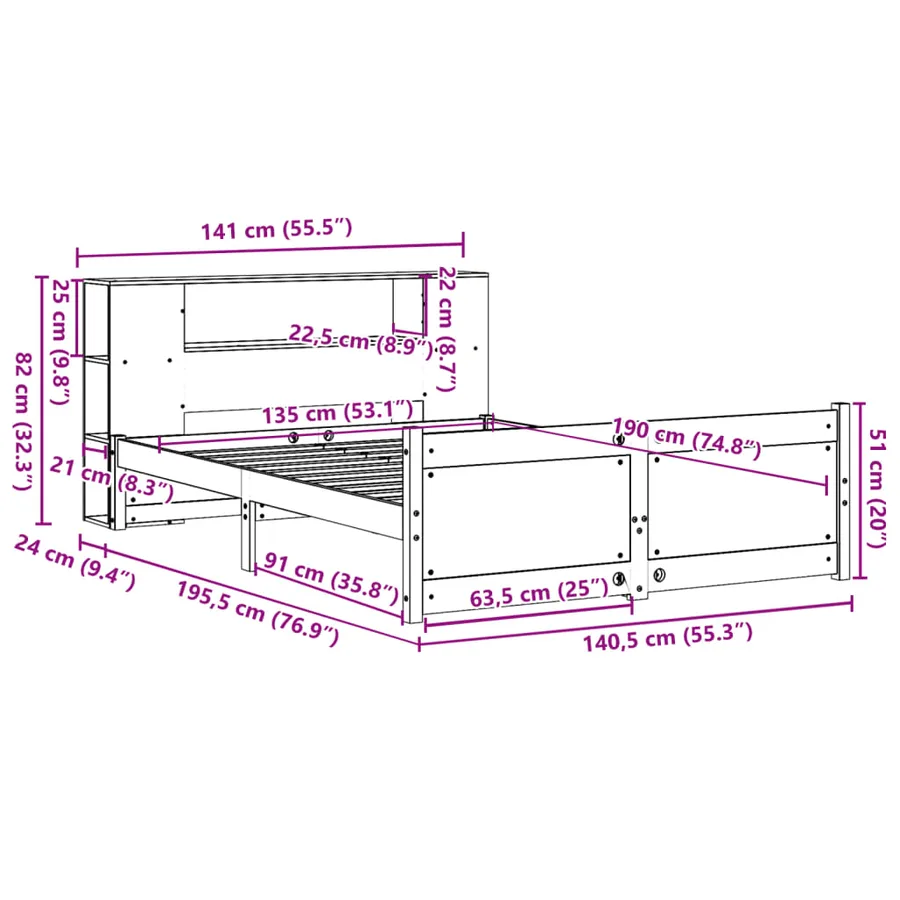 Lit bibliothèque sans matelas blanc 135x190 cm bois pin massif - 11