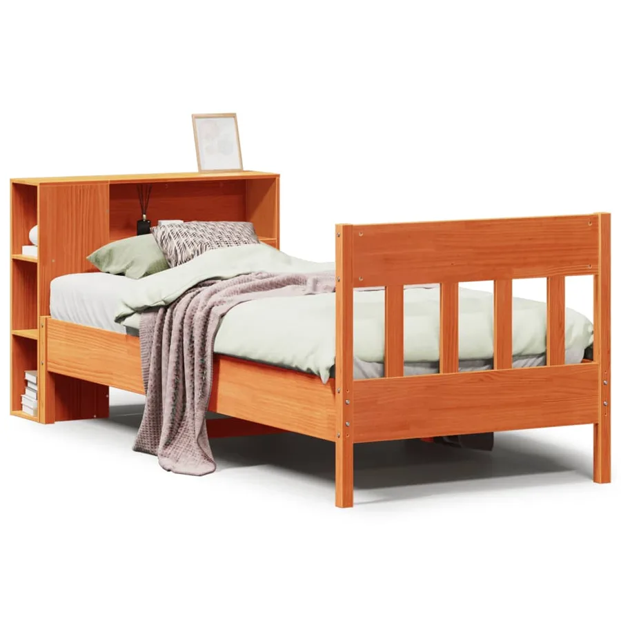 Lit bibliothèque sans matelas cire marron 100x200 cm pin massif - 2