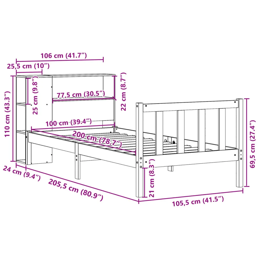 Lit bibliothèque sans matelas cire marron 100x200 cm pin massif - 11