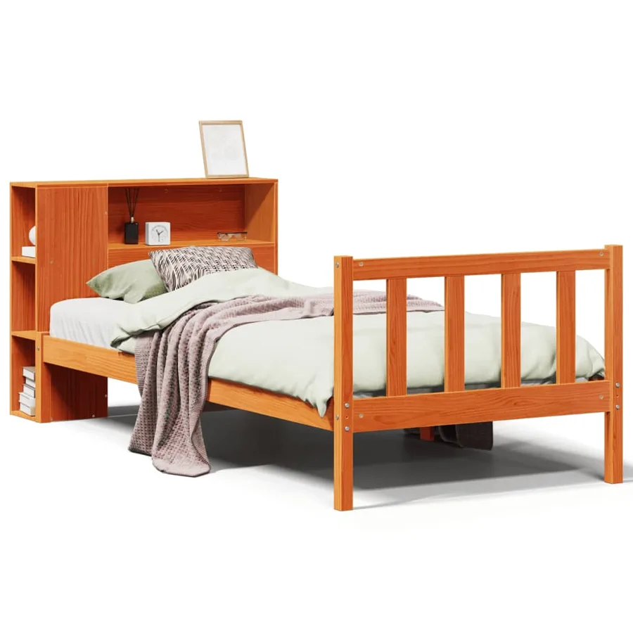 Lit bibliothèque sans matelas cire marron 100x200 cm pin massif - 2
