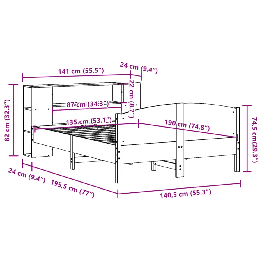 Lit bibliothèque sans matelas 135x190 cm bois de pin massif - 12