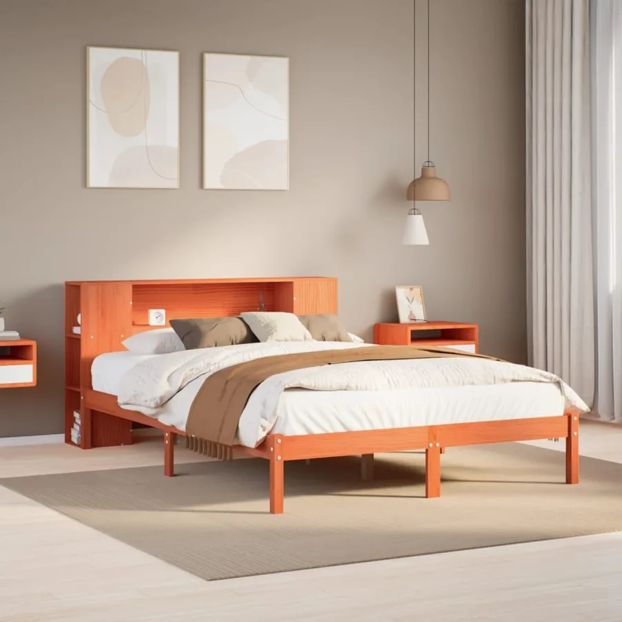 Lit bibliothèque sans matelas cire marron 150x200 cm pin massif
