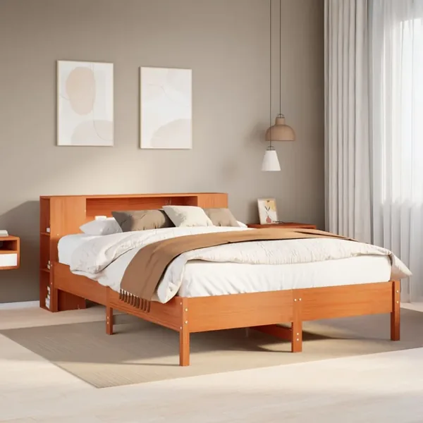 Lit bibliothèque sans matelas cire marron 150x200 cm pin massif