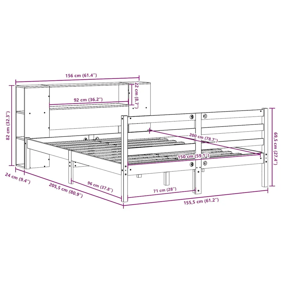 Lit bibliothèque sans matelas cire marron 150x200 cm pin massif - 11