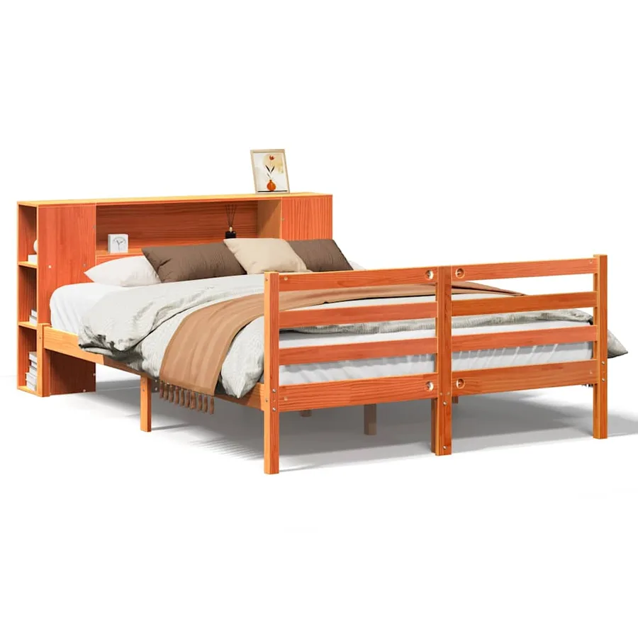 Lit bibliothèque sans matelas cire marron 150x200 cm pin massif - 2