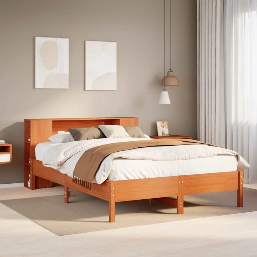 Lit bibliothèque sans matelas cire marron 140x190 cm pin massif