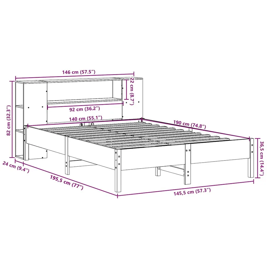 Lit bibliothèque sans matelas cire marron 140x190 cm pin massif - 11