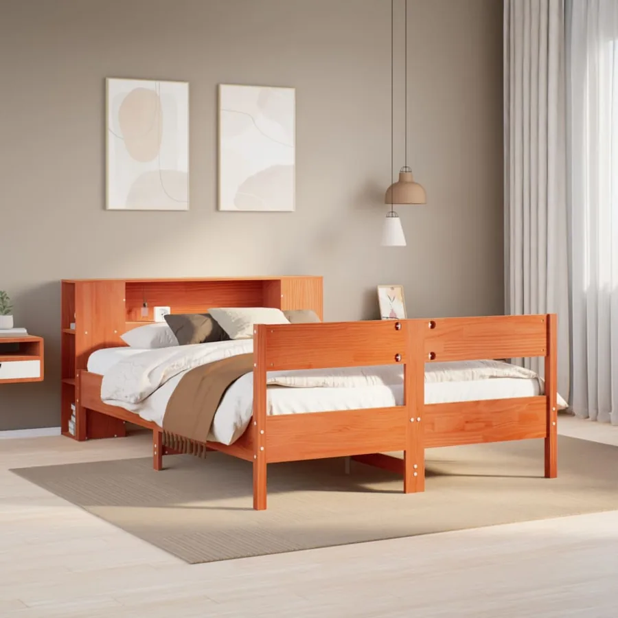 Lit bibliothèque sans matelas cire marron 140x190 cm pin massif