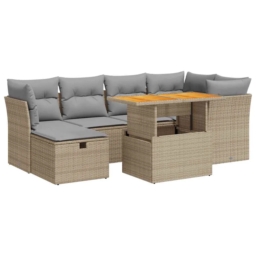 Salon de jardin avec coussins 7 pcs beige résine tressée acacia - 2