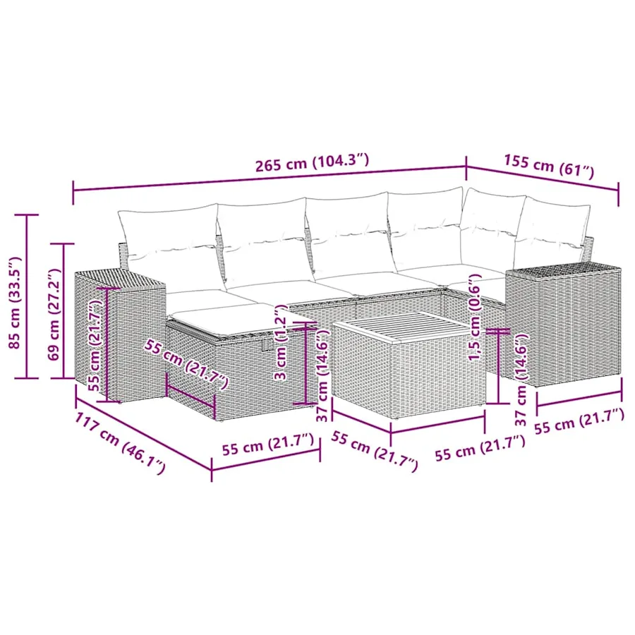 Salon de jardin avec coussins 7 pcs beige résine tressée - 14