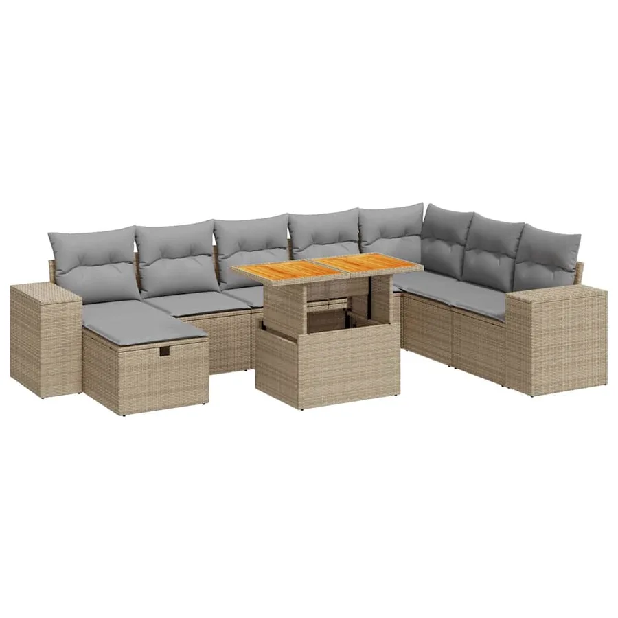Salon de jardin avec coussins 9 pcs beige résine tressée acacia - 2