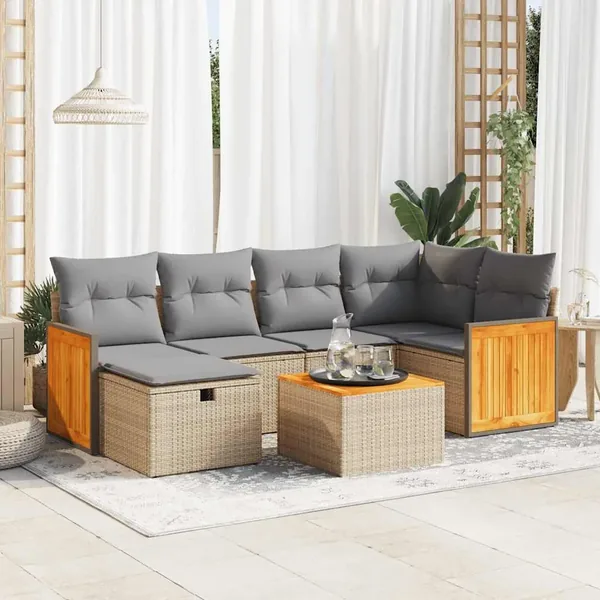 Salon de jardin avec coussins 7 pcs beige résine tressée