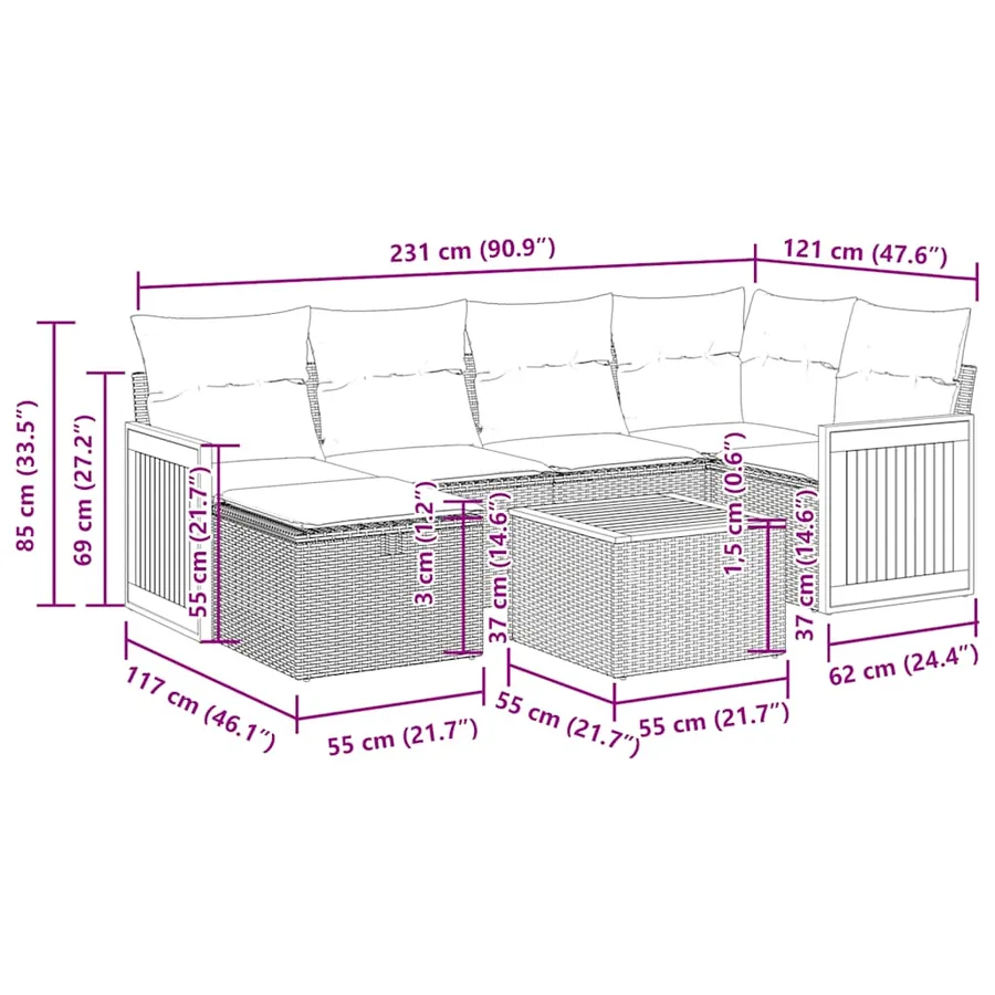 Salon de jardin avec coussins 7 pcs beige résine tressée - 15