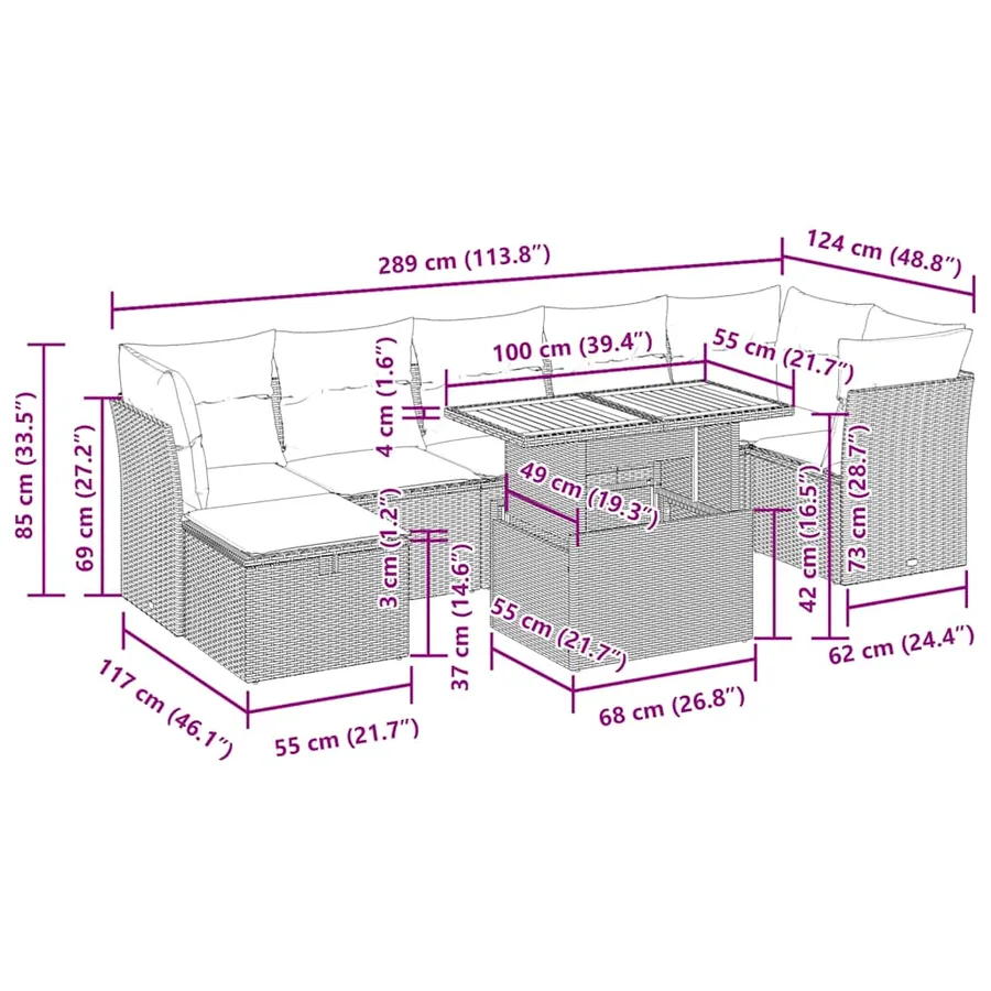 Salon de jardin avec coussins 8 pcs beige résine tressée acacia - 14