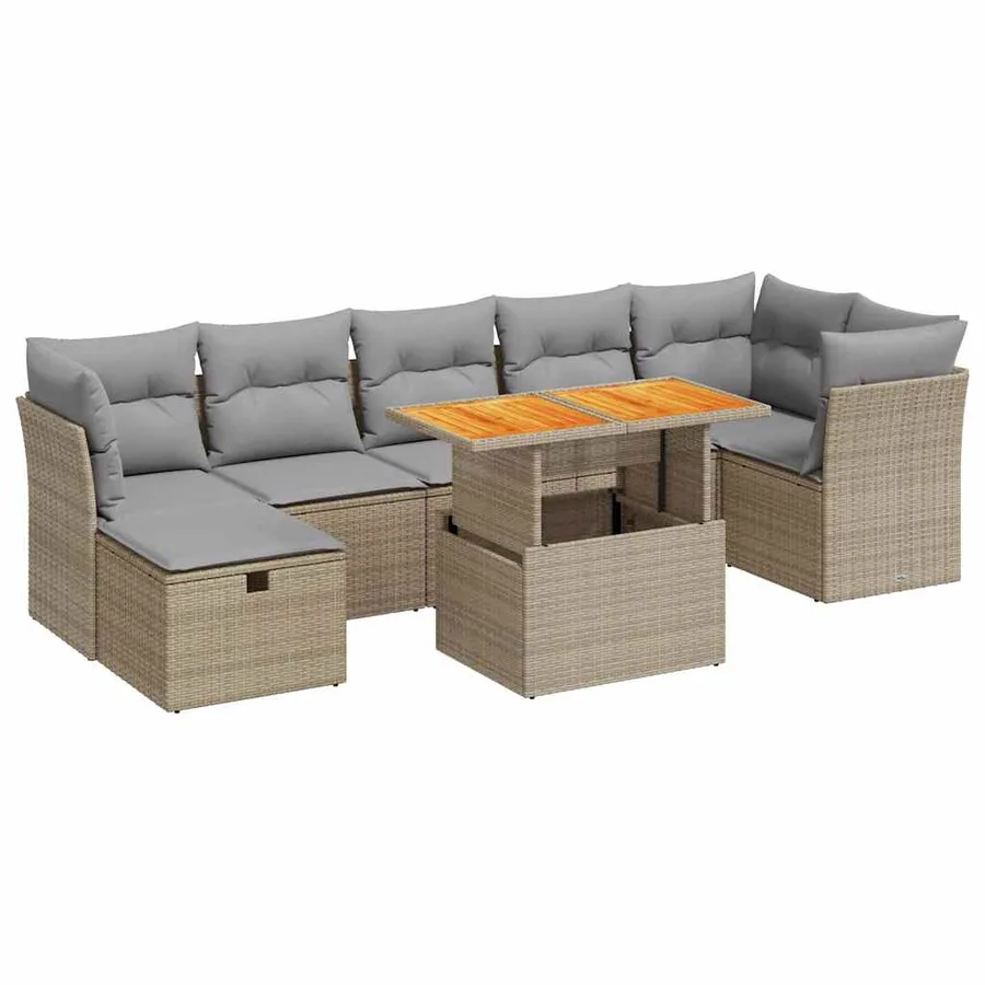 Salon de jardin avec coussins 8 pcs beige résine tressée acacia - 2