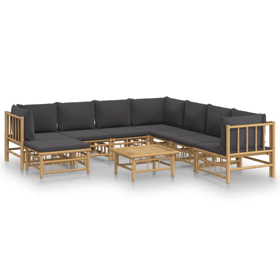 Salon de jardin 9 pcs avec coussins gris foncé bambou - 2