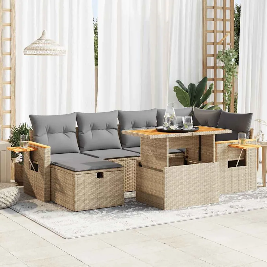 Salon de jardin avec coussins 8 pcs beige résine tressée