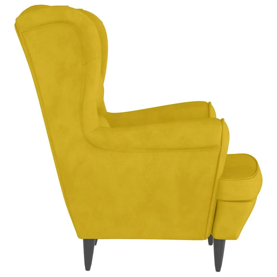 Fauteuil à oreilles avec tabouret jaune moutarde velours - 5