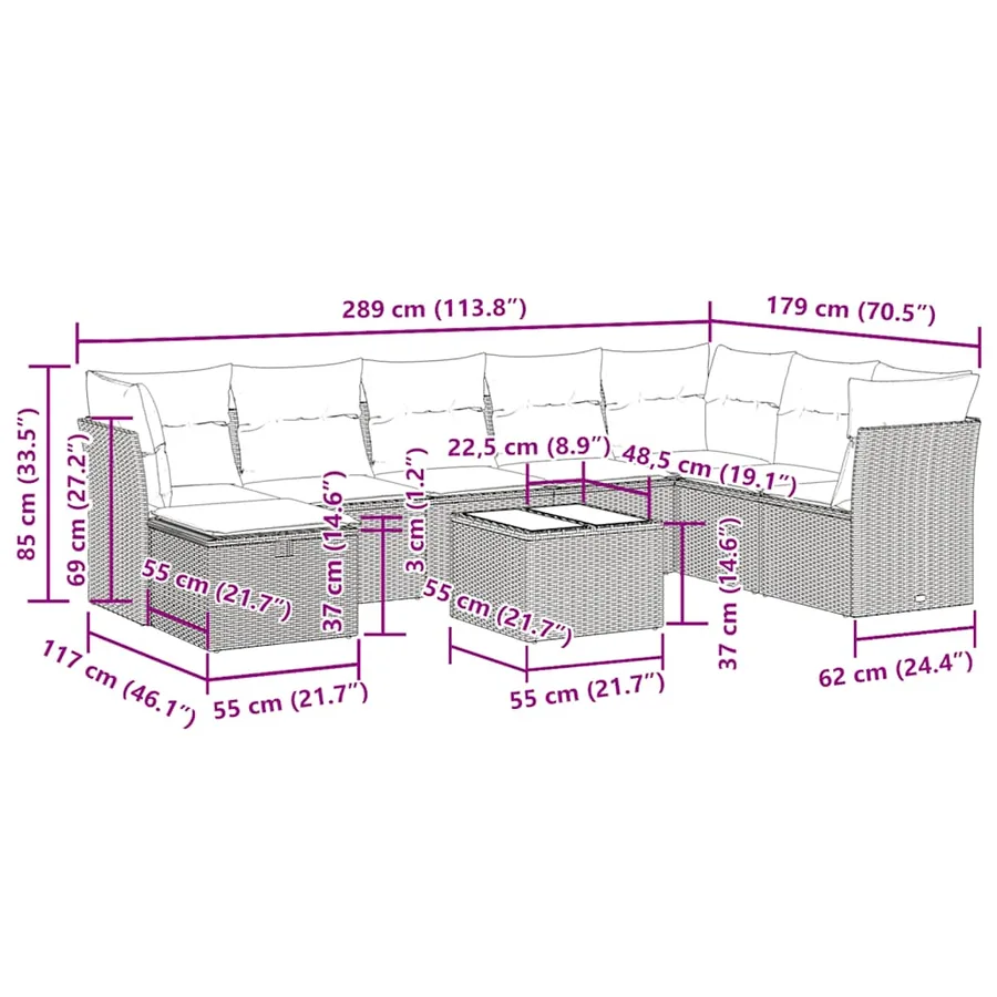 Salon de jardin avec coussins 9 pcs beige résine tressée - 12
