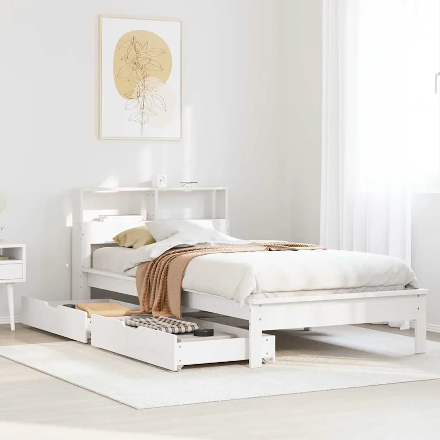 Lit bibliothèque sans matelas blanc 75x190cm bois de pin massif
