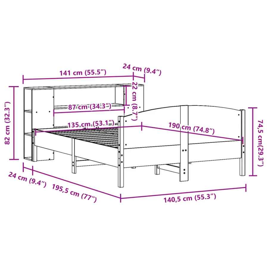 Lit bibliothèque sans matelas cire marron 135x190 cm pin massif - 12