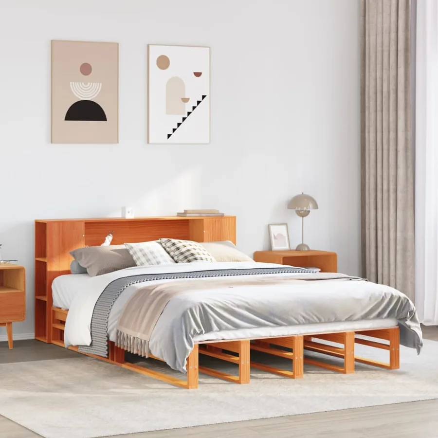 Lit bibliothèque sans matelas cire marron 135x190cm bois massif