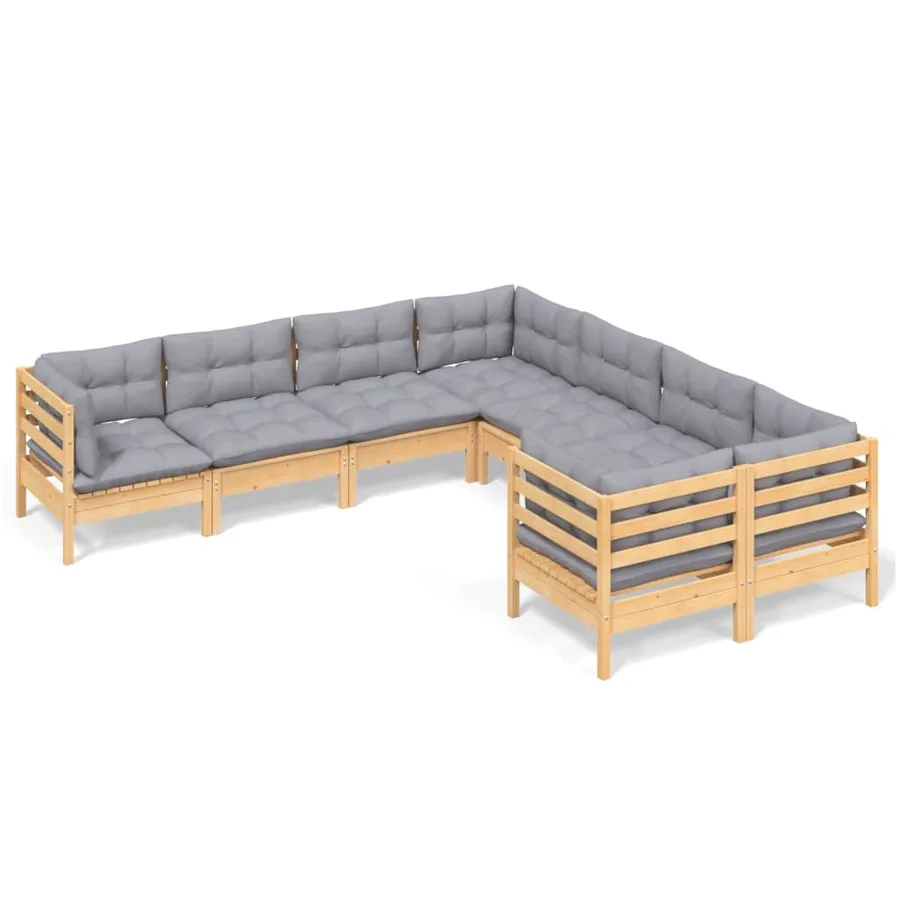 Salon de jardin 8 pcs avec coussins gris Bois de pin massif - 2