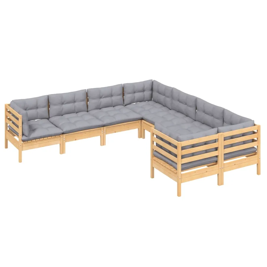 Salon de jardin 8 pcs avec coussins gris Bois de pin massif - 3
