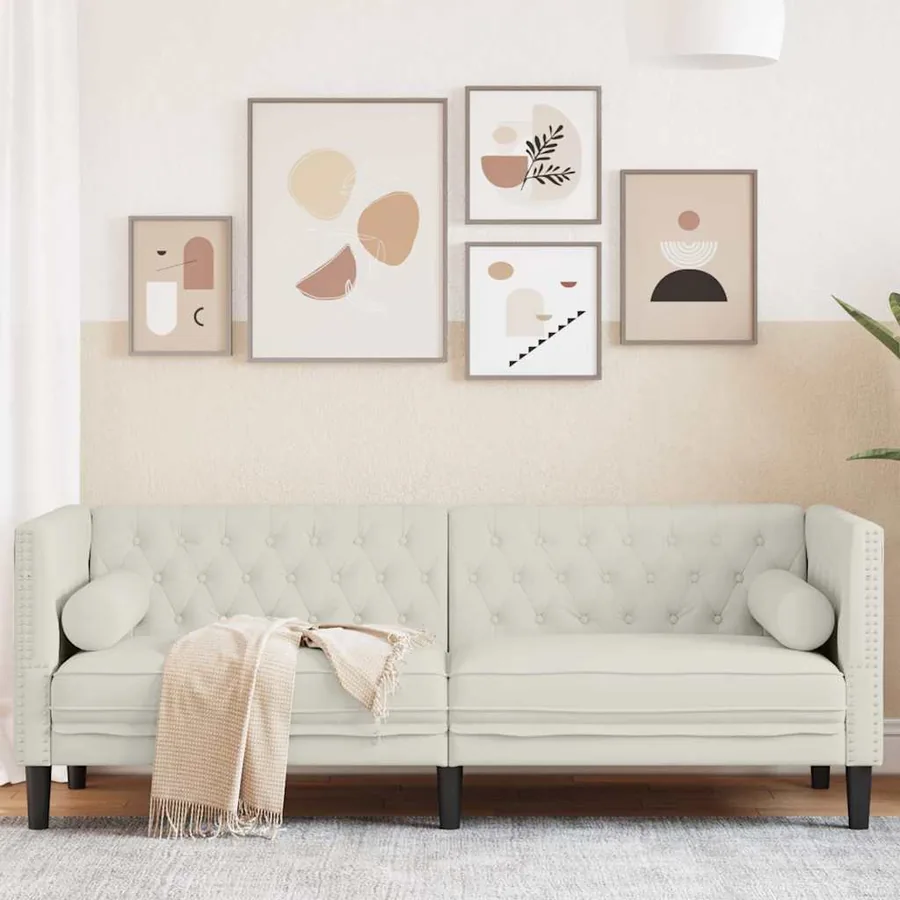 Canapé Chesterfield avec traversins 3 places crème velours