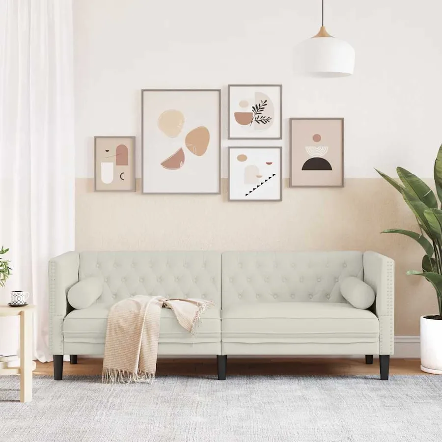 Canapé Chesterfield avec traversins 3 places crème velours - 3